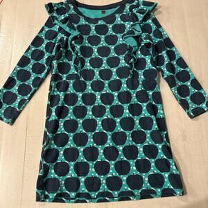Tea Collection Teal and Blue Apple Ruffle Shoulder Dress Size 7 Cotton